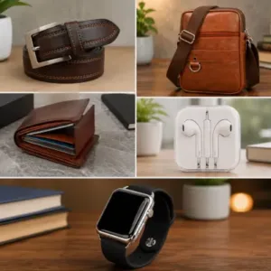 Men’s 5-Piece Combo Gift Set – Belts with Wallet, Wired Earphones, Digital Watch & Men’s Hand Bag ( default, OS )