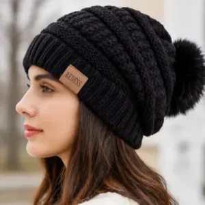Fashion Women's Fleece Lined Slouchy Beanie with Fur Pompom ( default, OS )