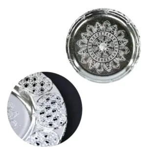 Decorative Silver Ethnic Pooja Thali with Kumkum Holders 8-inch Traditional Festival Thali ( default, Standard ).