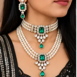 Squire Combo Set – Alloy Necklace with Artificial Stones & Beads ( green, OS )