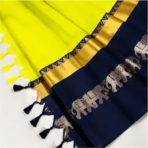 Elephant Design Cotton Silk Saree with Running Blouse Piece ( Lime Green, Free Size )