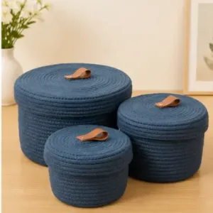 Cotton Rope Storage Baskets with Lids (Set of 3) | Round Woven Jute Organizer Baskets for Home & Kitchen ( blue, OS )