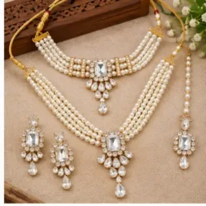 Squire Combo Set – Alloy Necklace with Artificial Stones & Beads ( white, OS )