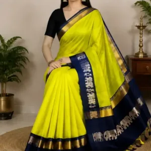 Elephant Design Cotton Silk Saree with Running Blouse Piece ( Lime Green, Free Size )