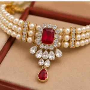 Squire Combo Set – Alloy Necklace with Artificial Stones & Beads ( red, OS )