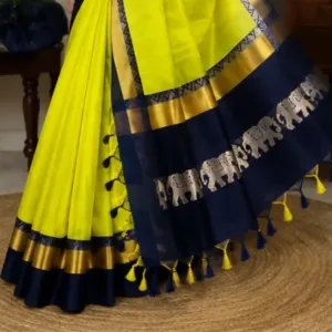 Elephant Design Cotton Silk Saree with Running Blouse Piece ( Lime Green, Free Size )
