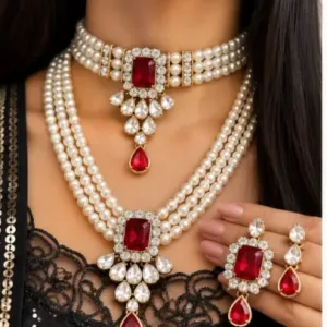 Squire Combo Set – Alloy Necklace with Artificial Stones & Beads ( red, OS )