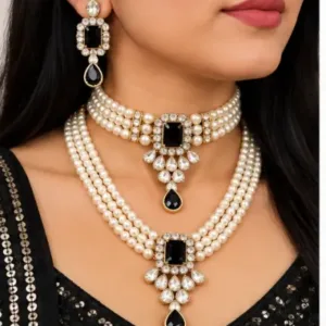 Squire Combo Set – Alloy Necklace with Artificial Stones & Beads ( black, OS )