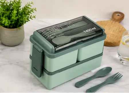 Xu6k1k5gu5QO1uk8U1oxl0F2YAwQ6zDWgpJh5796.webp 3-in-1 Plastic Lunch Box – Double Decker Airtight Tiffin with 3 Detachable Containers & 2 Spoon ( green, OS )