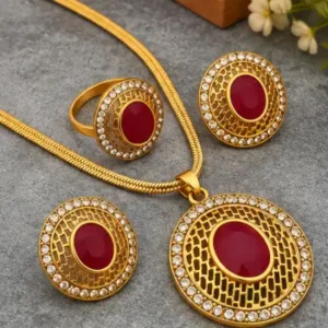 Kashmiri Style Pendant Chain Finger Ring Combo Set for Women ( pink, OS )