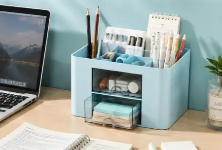 aECVlGqKlLHg5eHueIHv3ZESl5UtPvL4TjkfnI2P.webp Desk Organiser – 5 Compartments & 2 Drawers Multifunctional Stationery Storage Organizer ( Sky Blue, OS )