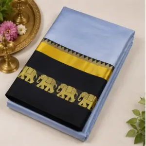 Elephant Design Cotton Silk Saree with Running Blouse Piece ( grey, Free Size )