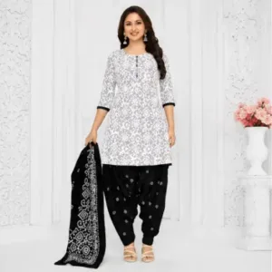 French Crepe Printed Salwar Suit Dress Material – Unstitched 3-Piece Suit Set with Chiffon Dupatta ( white, Un Stitched )