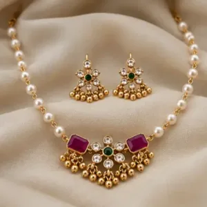 Classic Cute Gold Plated Necklace Set with American Diamond – Necklace & Earrings ( default, OS )