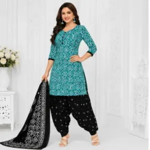 French Crepe Printed Salwar Suit Dress Material – Unstitched 3-Piece Suit Set with Chiffon Dupatta ( Firozi, Un Stitched )