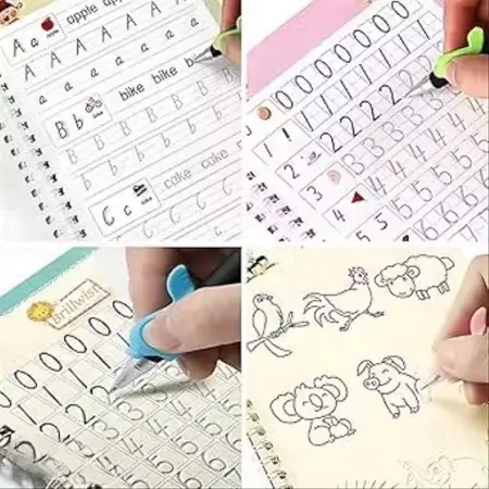 mr4MeuZB3MaqAT7QIbyLO8iqmY9KSSkmbJpmZzAS.webp Magic Practice Copybook Set for Kids | 4 Reusable Handwriting Books with 10 Refills, Pen & Grip | Alphabet, Numbers, Drawing & Math Learning Activity Books ( default, Standard )