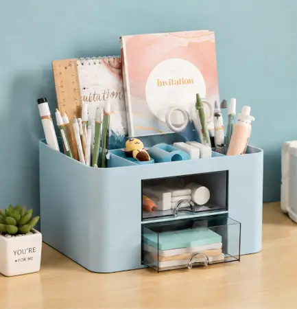nL4S7uBzU2r57KPU9urrIjPerrGdtf6erLSRlg9h.webp Desk Organiser – 5 Compartments & 2 Drawers Multifunctional Stationery Storage Organizer ( Sky Blue, OS )