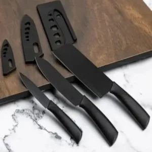 3 Pcs Kitchen Knife Set – Stainless Steel Multipurpose Cutting Knives with Protective Covers ( black, OS )