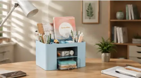 rqEY9kBx4igzB3BkHS9w4slP0ZLhsUXXwNPn5Isq.webp Desk Organiser – 5 Compartments & 2 Drawers Multifunctional Stationery Storage Organizer ( Sky Blue, OS )
