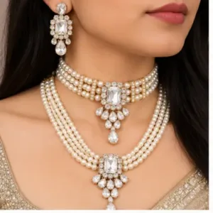 Squire Combo Set – Alloy Necklace with Artificial Stones & Beads ( white, OS )