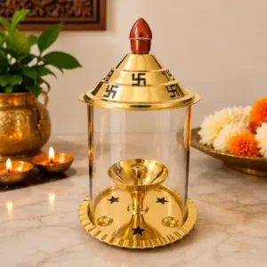 Crinikle Premium Brass Akhand Deep Diya with Glass Cover ( default, OS )