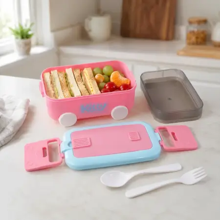 GZutaKy5MNp1Btqj5pVXUGEZgDqPCaIInfsUN1b9.webp Kids Car Shape Lunch Box with Wheels – Leakproof Multi-Compartment Lunch Box with Spoon for School & Travel ( default, OS )