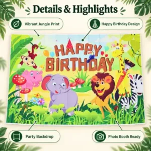 Jungle Animal Happy Birthday Backdrop Curtain – Kids Birthday Party Decoration ( default, OS )
