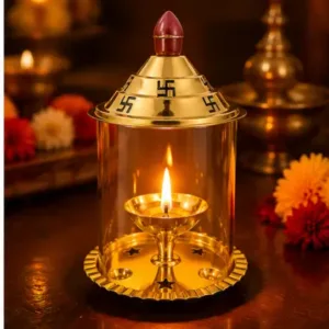 Crinikle Premium Brass Akhand Deep Diya with Glass Cover ( default, OS )
