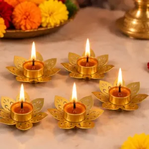 Lotus Metal Diya Tealight Holders – Set of 5 for Diwali Decoration ( default, OS )