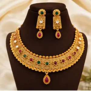 Matte Finish Hasdi Set – Gold Plated Copper Necklace and Earrings with Artificial Stones ( default, OS )