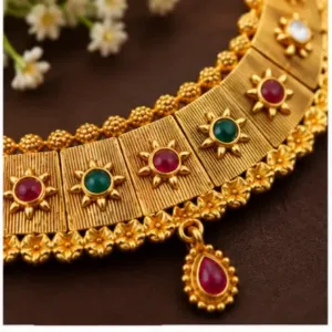 Matte Finish Hasdi Set – Gold Plated Copper Necklace and Earrings with Artificial Stones ( default, OS )